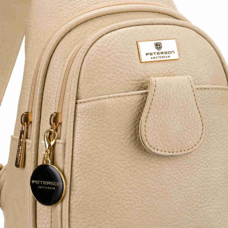 Modna i funkcjonalna beżowa saszetka damska crossbody z eko skóry Peterson-3