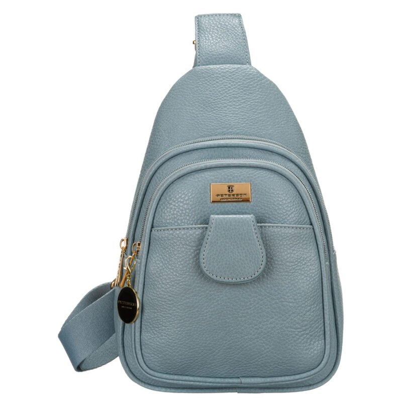Niebieska stylowa mała saszetka damska z eko skóry zdobionej złotymi okuciami nerka crossbody Peterson-1