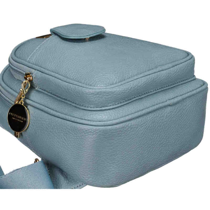 Niebieska stylowa mała saszetka damska z eko skóry zdobionej złotymi okuciami nerka crossbody Peterson-5