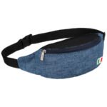 Niebieska saszetka zawieszona na regulowanym pasku, zapinana suwakiem-1