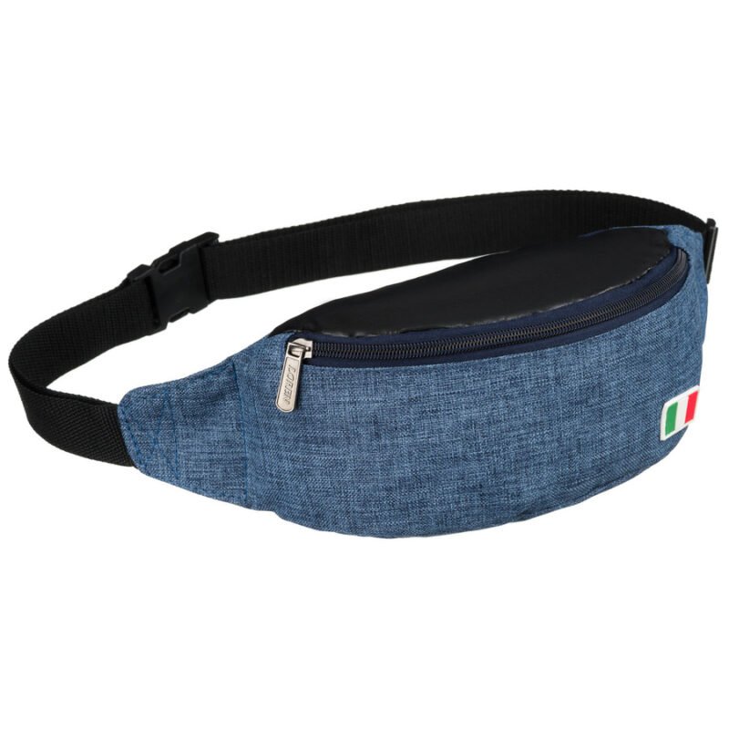 Niebieska saszetka zawieszona na regulowanym pasku, zapinana suwakiem-1