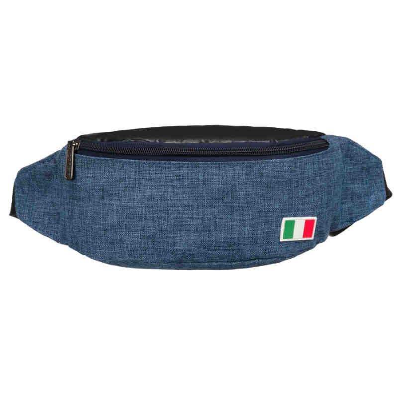 Niebieska saszetka zawieszona na regulowanym pasku, zapinana suwakiem-2