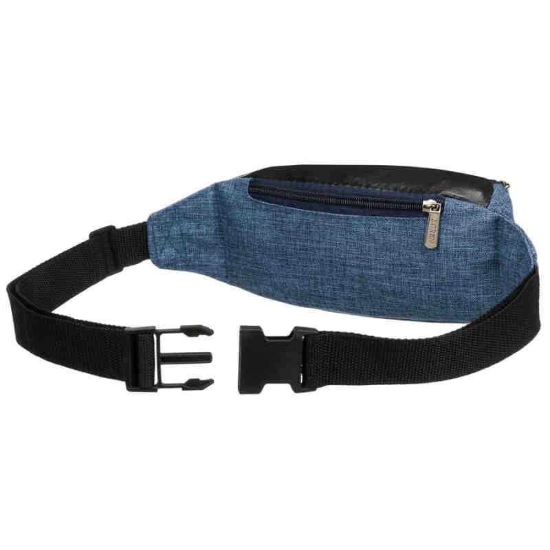Niebieska saszetka zawieszona na regulowanym pasku, zapinana suwakiem-4