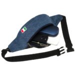 Niebieska saszetka zawieszona na regulowanym pasku, zapinana suwakiem-5