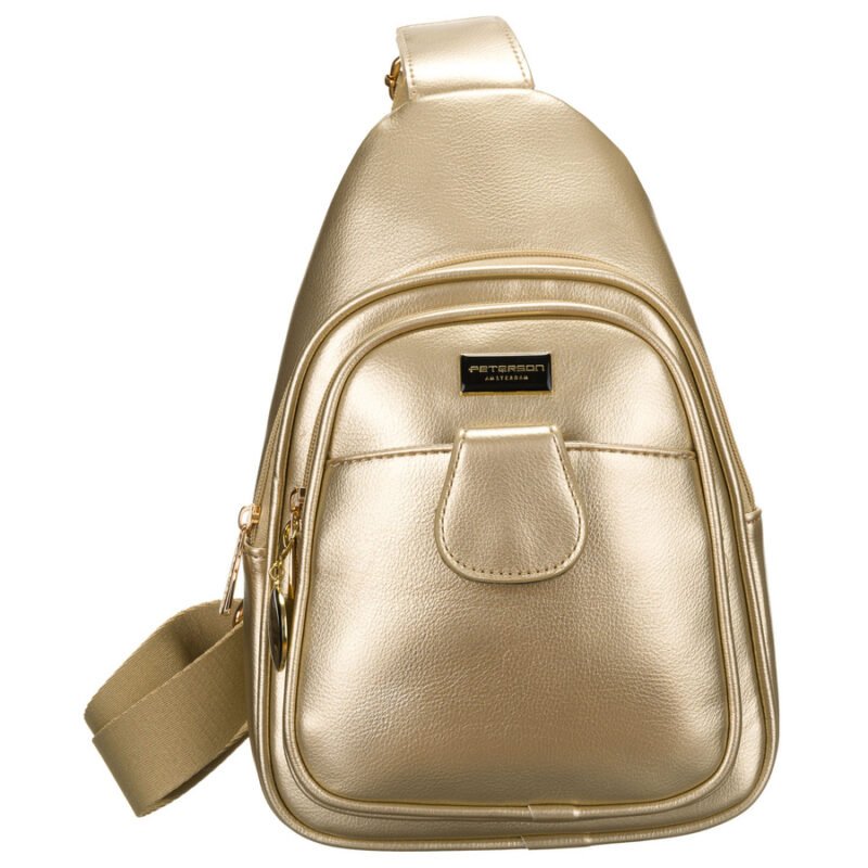 Złota błyszcząca saszetka nerka damska ze skóry ekologicznej plecaczek na jedno ramię Peterson-1