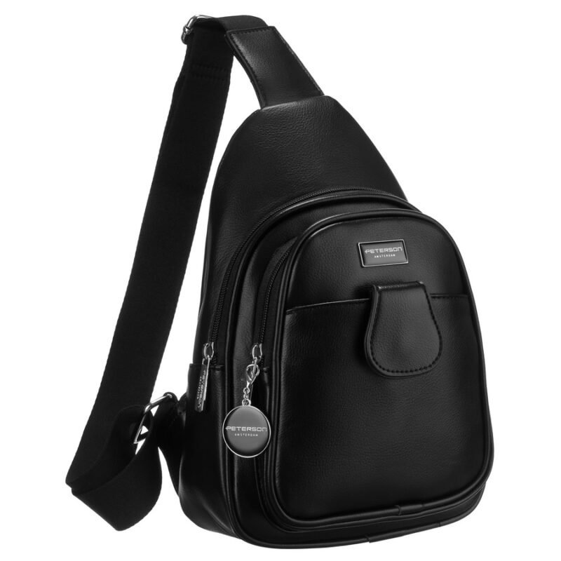 Czarna funkcjonalna saszetka damska z szerokim regulowanym paskiem nerka crossbody eko skóra Peterson-1