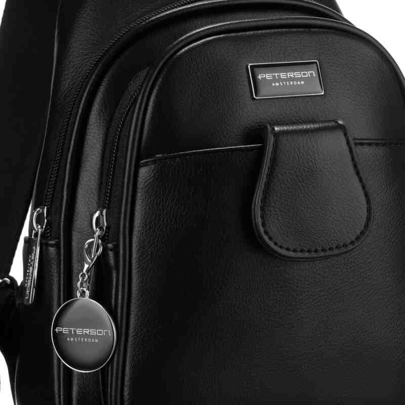 Czarna funkcjonalna saszetka damska z szerokim regulowanym paskiem nerka crossbody eko skóra Peterson-3