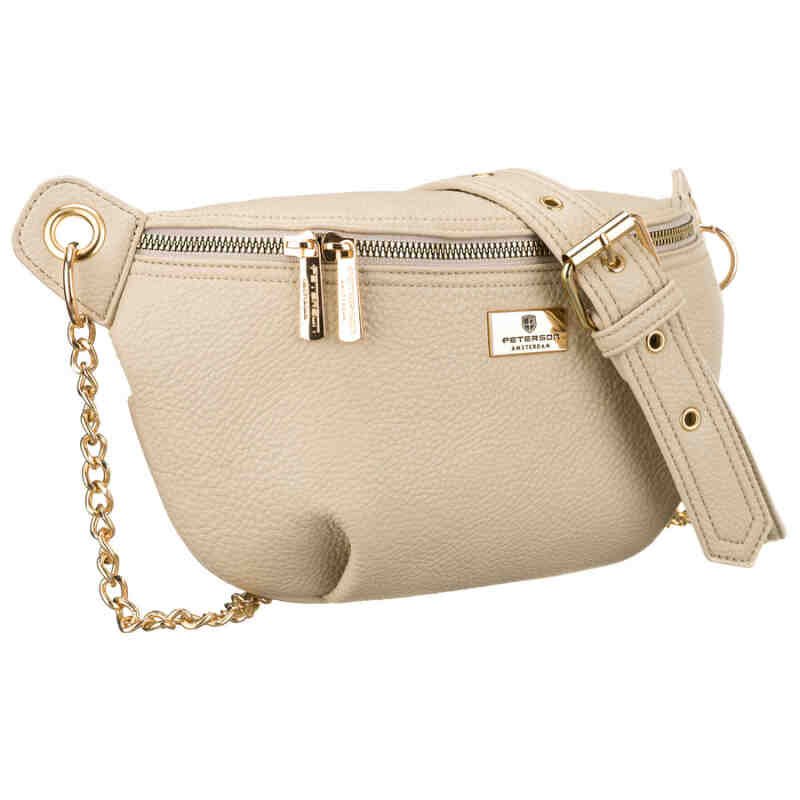 Beżowa saszetka damska ze skóry ekologicznej zamykana suwakiem, zawieszona na regulowanym pasku - Peterson-1