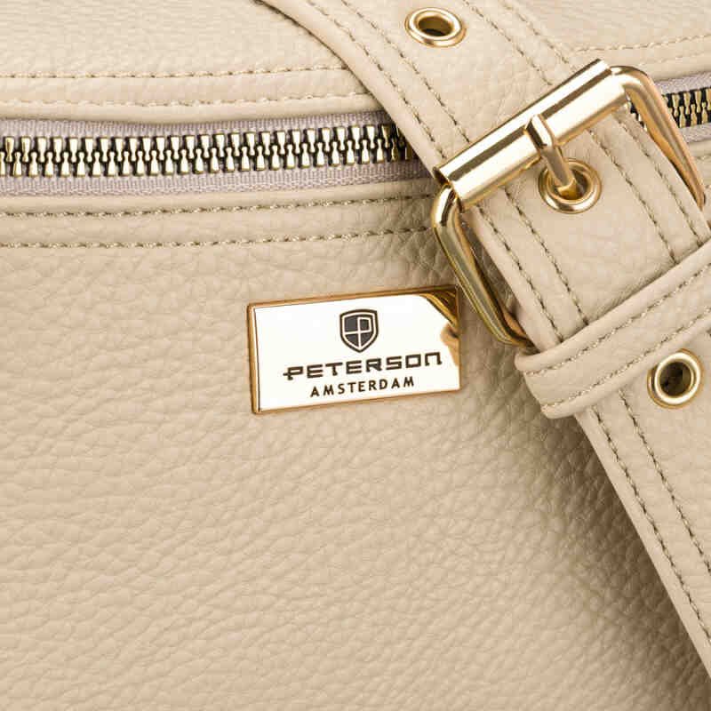 Beżowa saszetka damska ze skóry ekologicznej zamykana suwakiem, zawieszona na regulowanym pasku - Peterson-5
