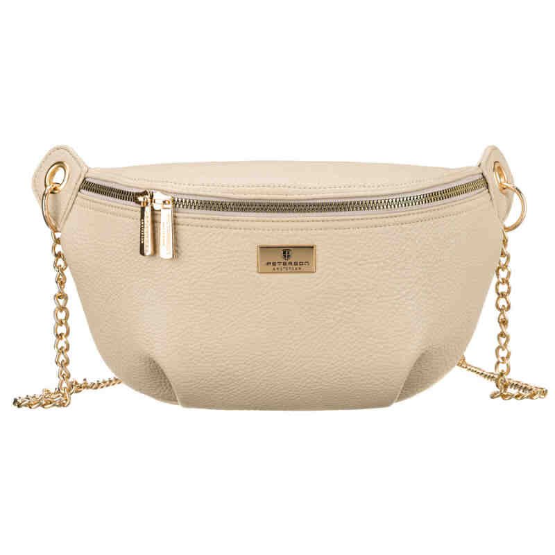 Beżowa saszetka damska ze skóry ekologicznej zamykana suwakiem, zawieszona na regulowanym pasku - Peterson-3