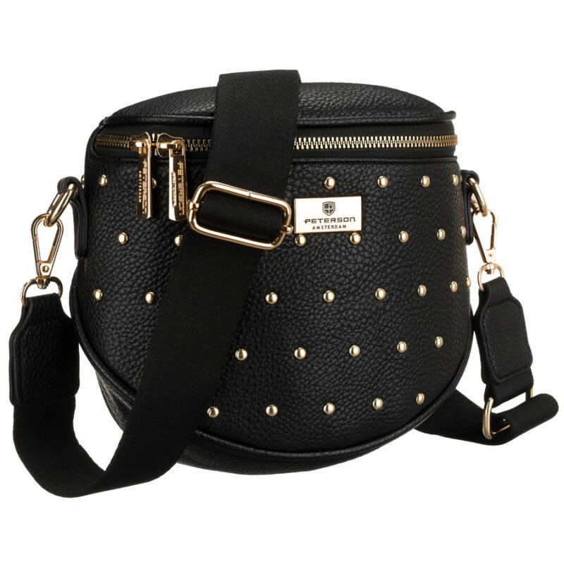 Czarna, praktyczna nerka damska ze skóry ekologicznej ozdobiona ćwiekami - Peterson-1