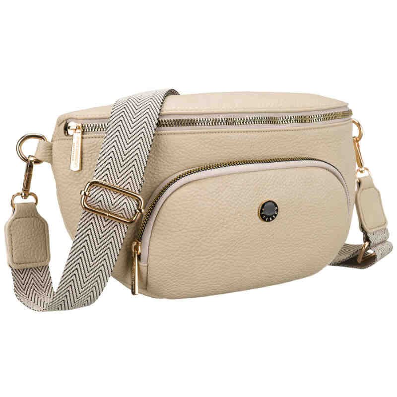 Beżowa nerka damska URBAN z szerokim paskiem, noszona przez ramię, eko skóra.