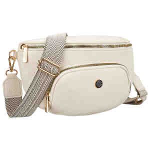 Jasnobeżowa nerka damska URBAN z szerokim paskiem, noszona przez ramię, eko skóra.