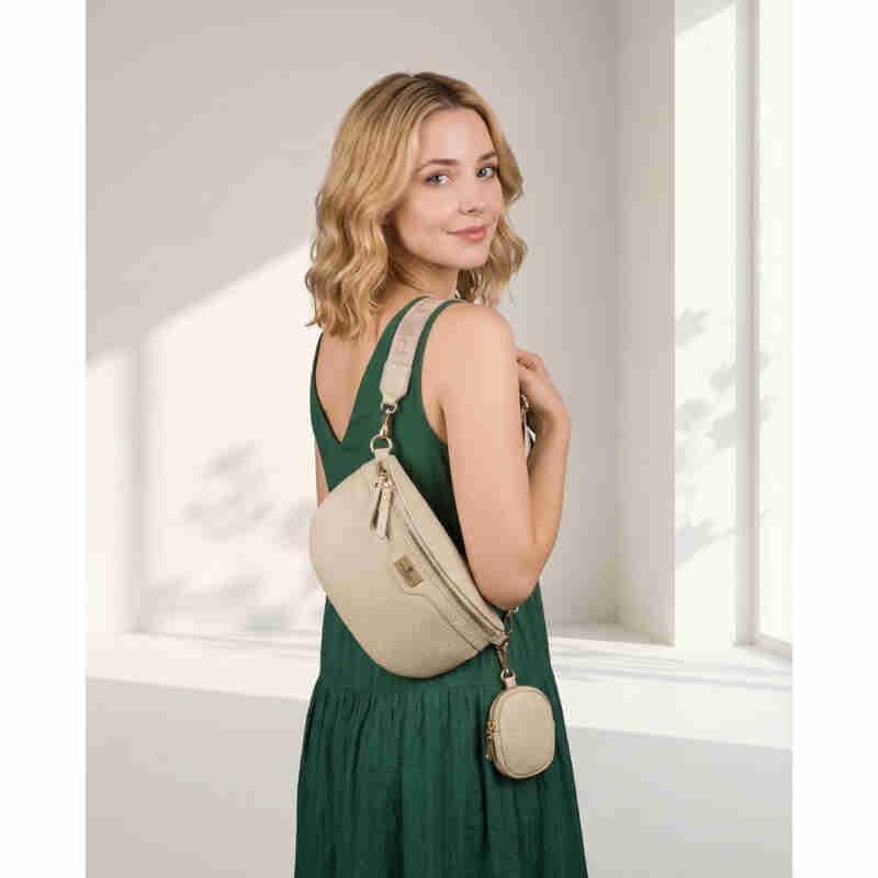 Beżowa saszetka damska ze skóry ekologicznej z doczepianą portmonetką - Peterson-2